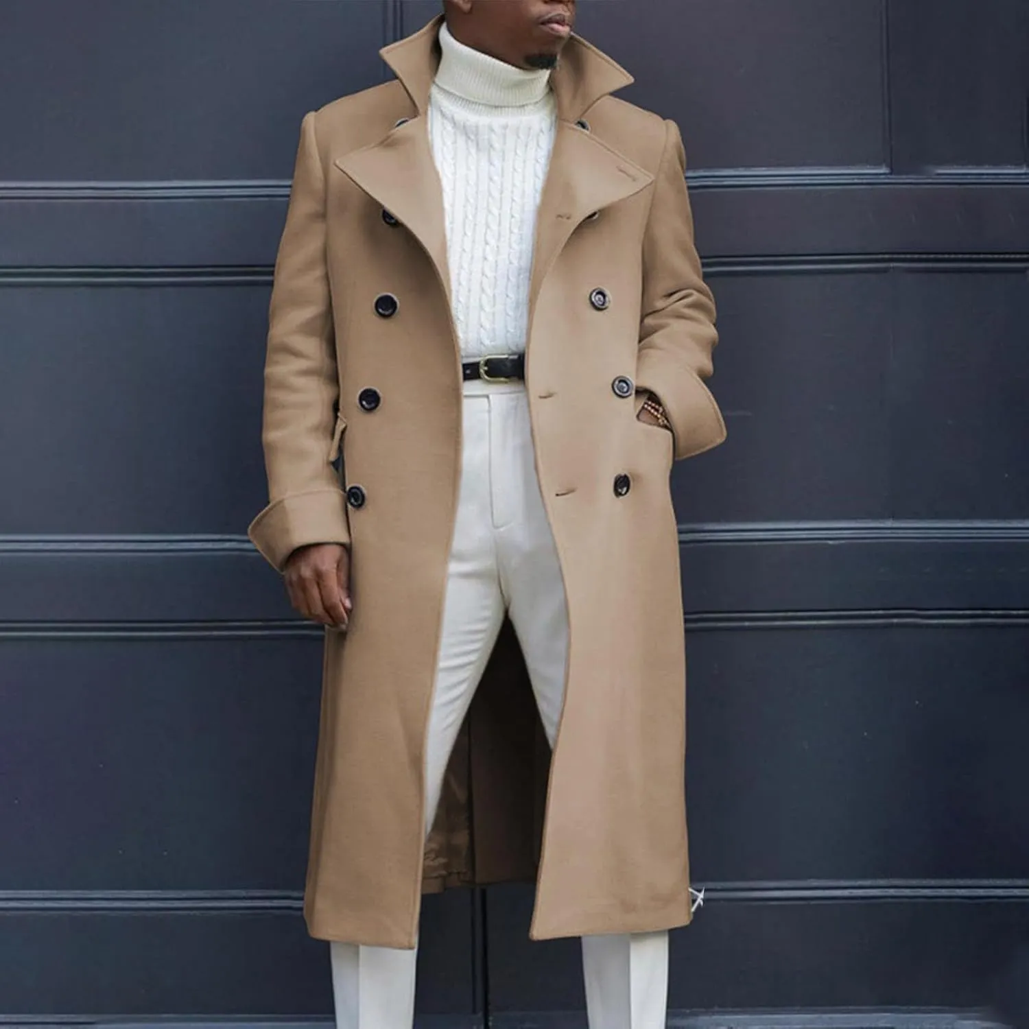 RTRDE Men's Winter Dress Coat Pea Double Breasted Business Casual Trench Coat Long Jacket, M-3XL