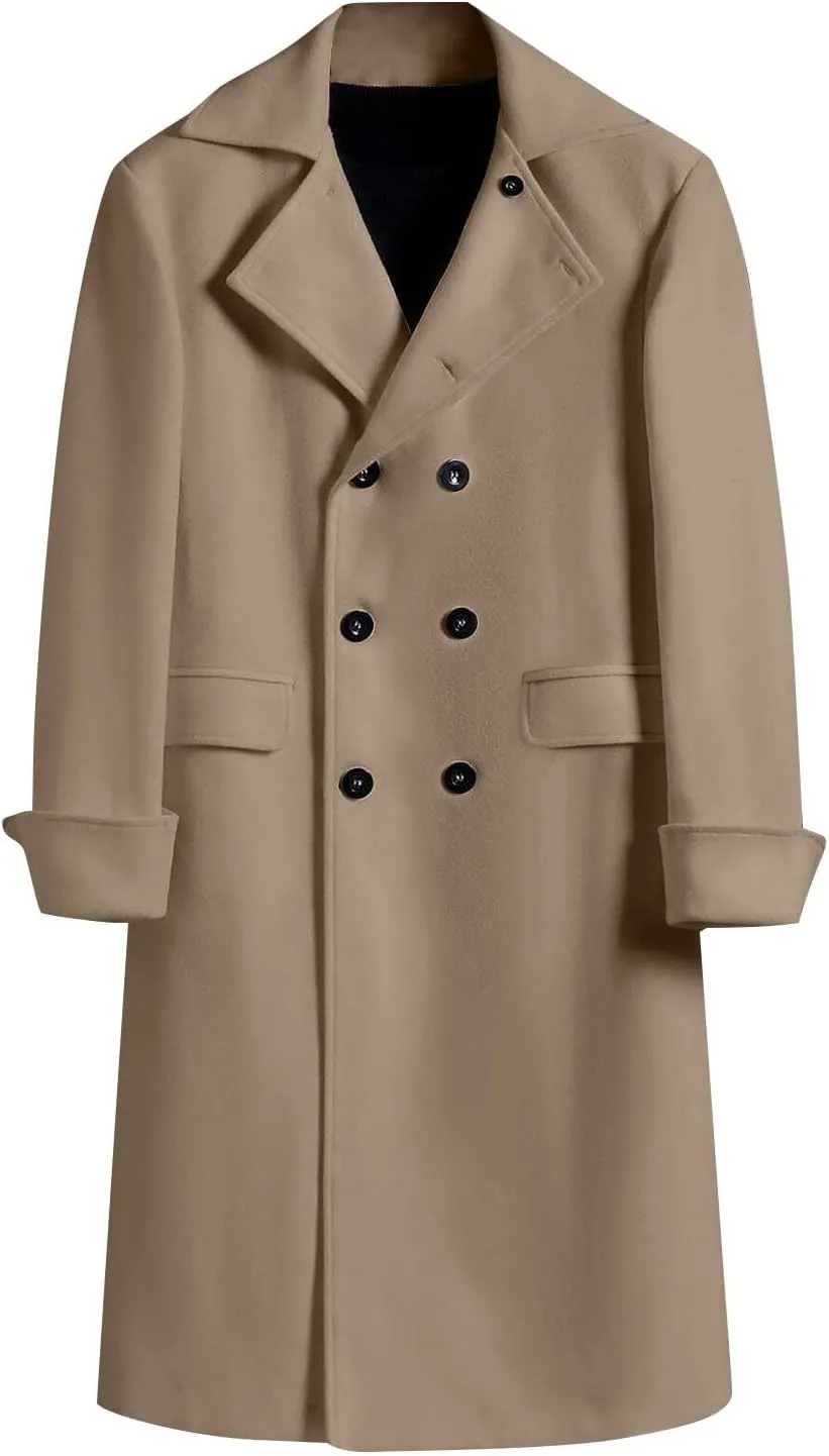 RTRDE Men's Winter Dress Coat Pea Double Breasted Business Casual Trench Coat Long Jacket, M-3XL