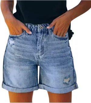 Rvidbe Womens Jean Shorts Juniors Casual Summer Mid Waisted Stretchy Rolled Hem Tassels Denim Shorts with Pockets Black Denim Shorts Black Jean Shorts for Women High Waisted
