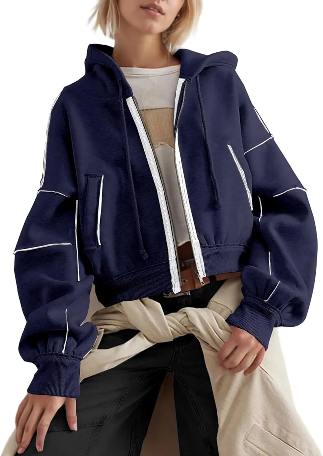 SAFRISIOR Women Zip Up Hoodies Fleece Crop Jackets Sweatshirt Long Sleeve Drawstring Hooded Pullover Sweaters
