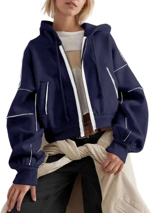 SAFRISIOR Women Zip Up Hoodies Fleece Crop Jackets Sweatshirt Long Sleeve Drawstring Hooded Pullover Sweaters