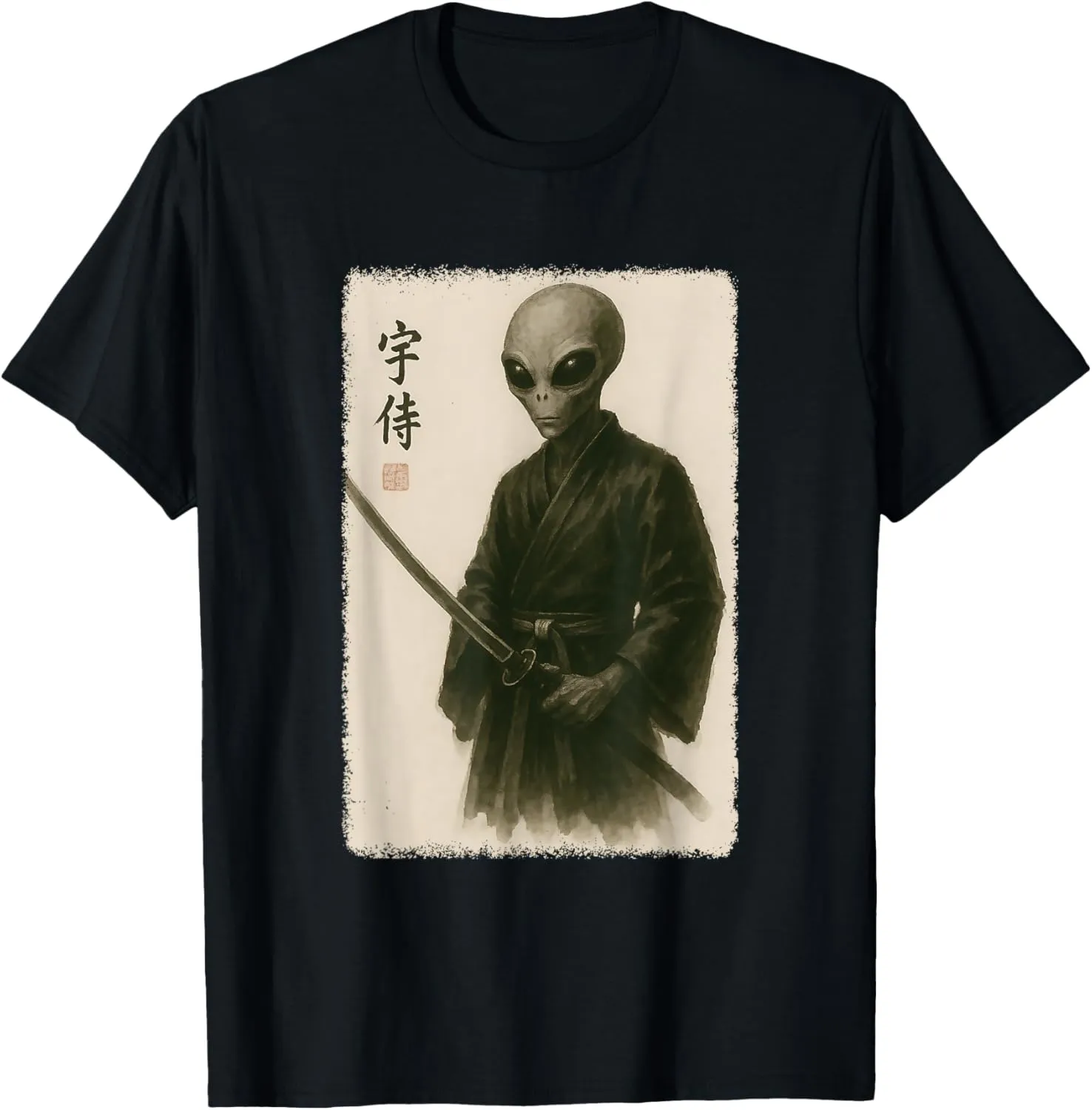 Samurai Alien Funny Vintage Japanese Graphic Art T-Shirt