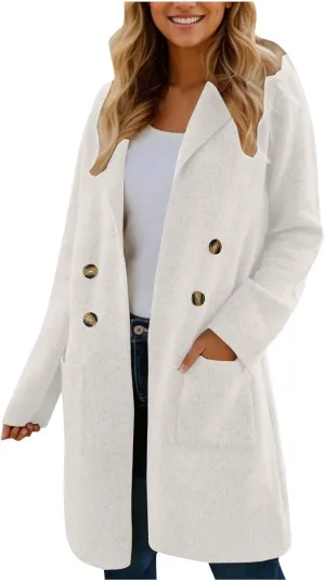 SEAOPEN Pea Coats for Women Thick Wool Trench Coat Long Double Breasted Peacoats Lapel Open Front Jacket with Pockets