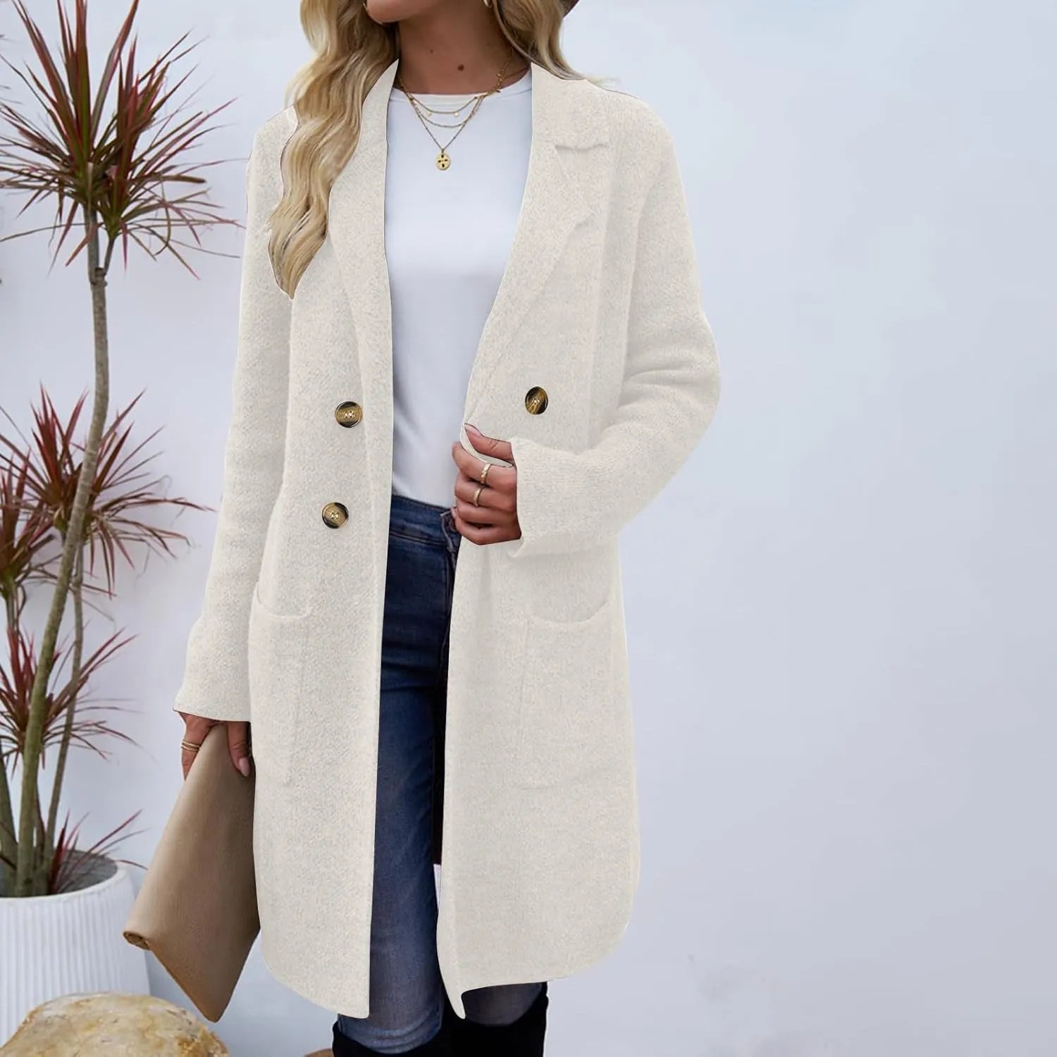 SEAOPEN Pea Coats for Women Thick Wool Trench Coat Long Double Breasted Peacoats Lapel Open Front Jacket with Pockets