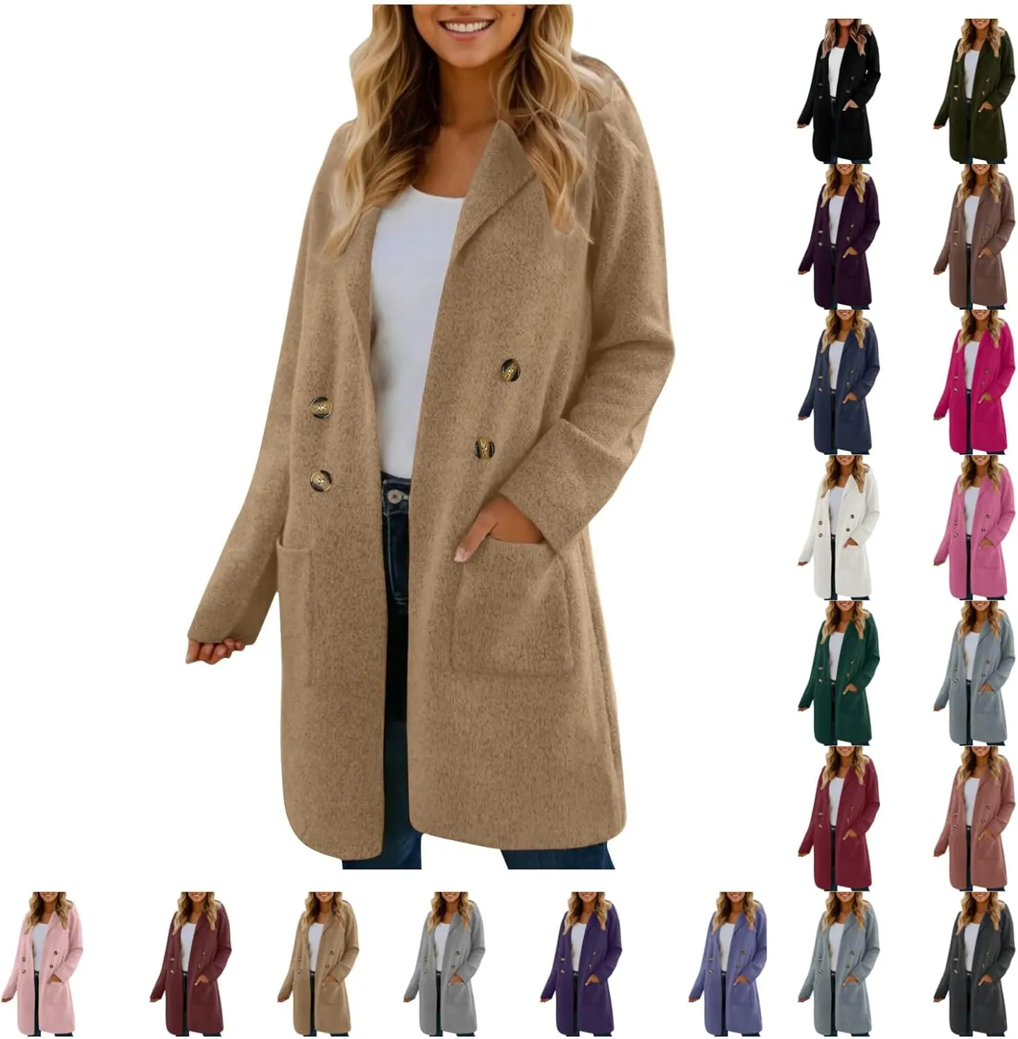 SEAOPEN Pea Coats for Women Thick Wool Trench Coat Long Double Breasted Peacoats Lapel Open Front Jacket with Pockets