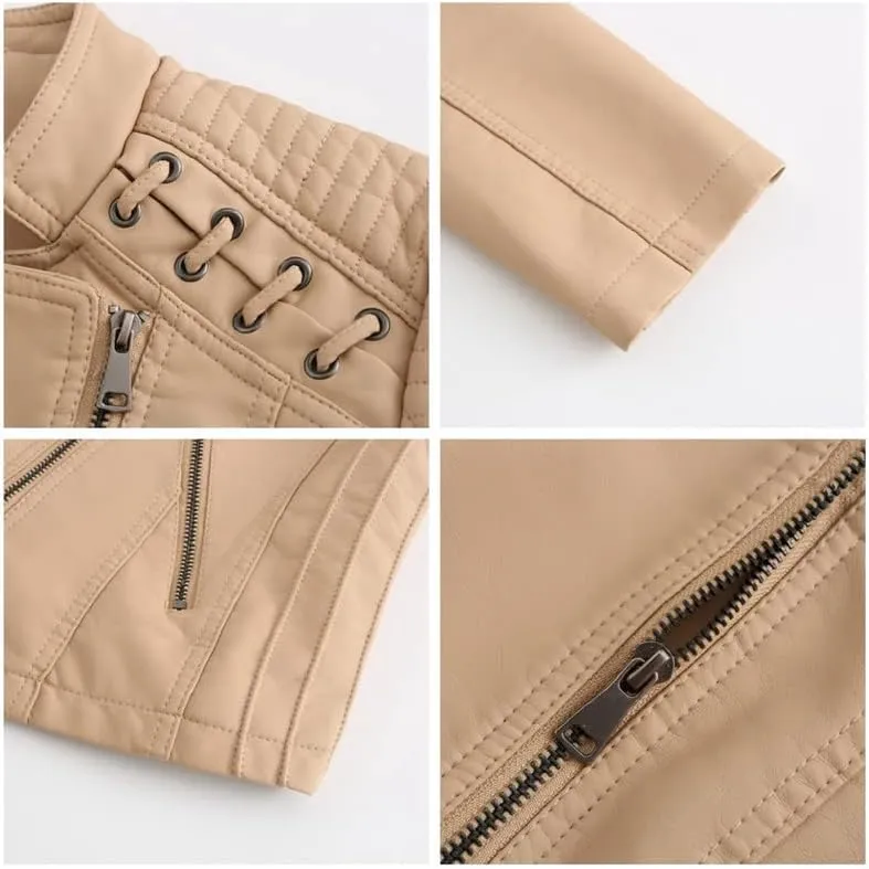 Shanghai Story Women's String Quilted Shoulder Oblique Zip Moto Pu Leather Biker Jacket 12 Color
