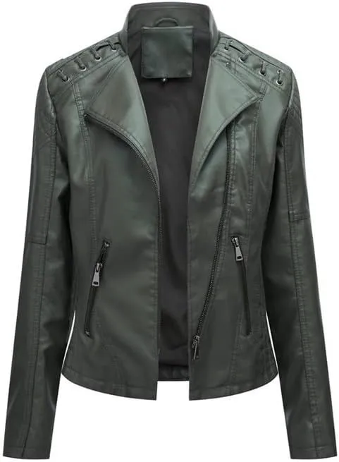 Shanghai Story Women's String Quilted Shoulder Oblique Zip Moto Pu Leather Biker Jacket 12 Color
