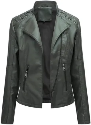 Shanghai Story Women's String Quilted Shoulder Oblique Zip Moto Pu Leather Biker Jacket 12 Color