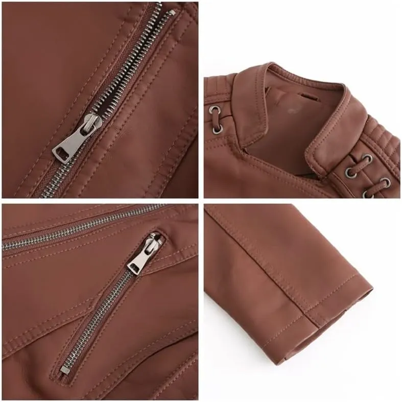 Shanghai Story Women's String Quilted Shoulder Oblique Zip Moto Pu Leather Biker Jacket 12 Color