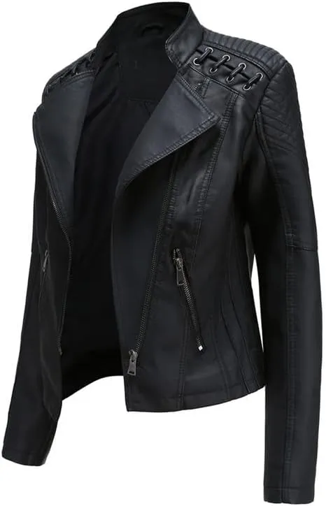 Shanghai Story Women's String Quilted Shoulder Oblique Zip Moto Pu Leather Biker Jacket 12 Color