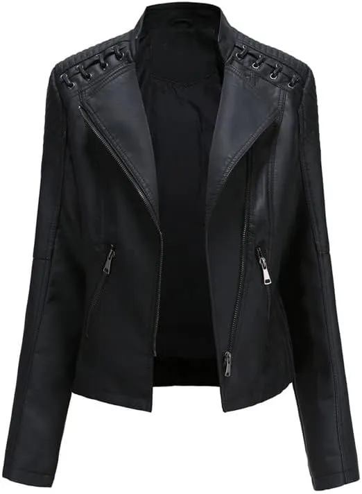 Shanghai Story Women's String Quilted Shoulder Oblique Zip Moto Pu Leather Biker Jacket 12 Color