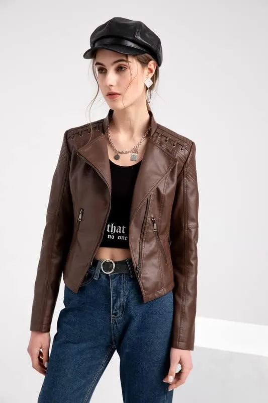 Shanghai Story Women's String Quilted Shoulder Oblique Zip Moto Pu Leather Biker Jacket 12 Color