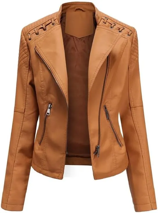 Shanghai Story Women's String Quilted Shoulder Oblique Zip Moto Pu Leather Biker Jacket 12 Color