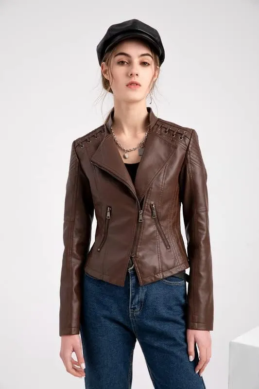 Shanghai Story Women's String Quilted Shoulder Oblique Zip Moto Pu Leather Biker Jacket 12 Color