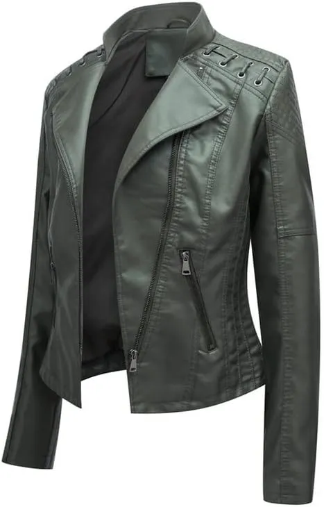 Shanghai Story Women's String Quilted Shoulder Oblique Zip Moto Pu Leather Biker Jacket 12 Color