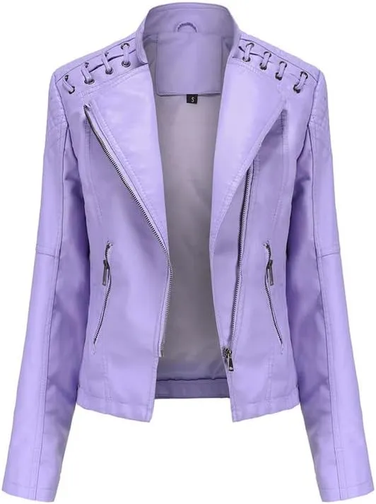 Shanghai Story Women's String Quilted Shoulder Oblique Zip Moto Pu Leather Biker Jacket 12 Color