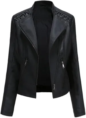 Shanghai Story Women's String Quilted Shoulder Oblique Zip Moto Pu Leather Biker Jacket 12 Color