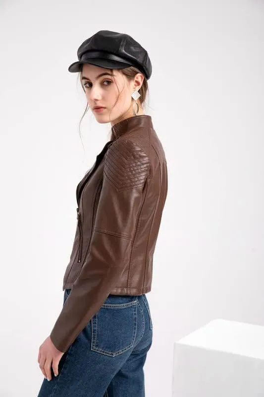 Shanghai Story Women's String Quilted Shoulder Oblique Zip Moto Pu Leather Biker Jacket 12 Color