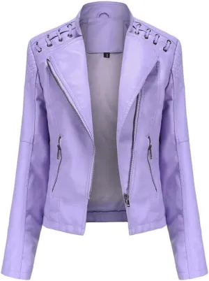 Shanghai Story Women's String Quilted Shoulder Oblique Zip Moto Pu Leather Biker Jacket 12 Color