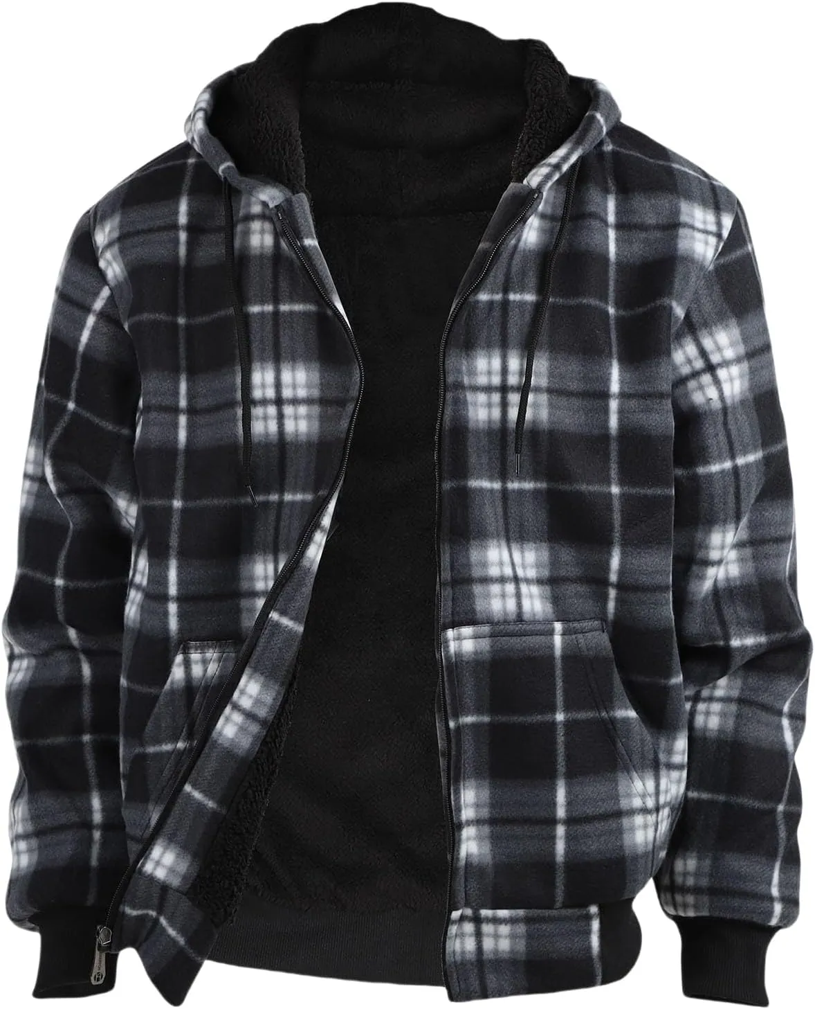 Sherpa Fleece Lined Hoodies for Men Heavy Thick Flannel Plaid Jacket Full Zip Up Winter Warm Sweatshirts Fashion Coat