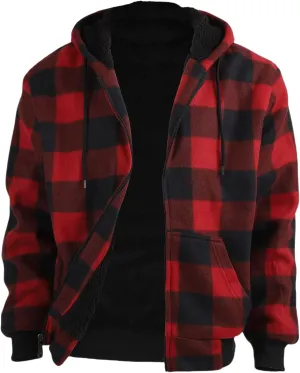 Sherpa Fleece Lined Hoodies for Men Heavy Thick Flannel Plaid Jacket Full Zip Up Winter Warm Sweatshirts Fashion Coat
