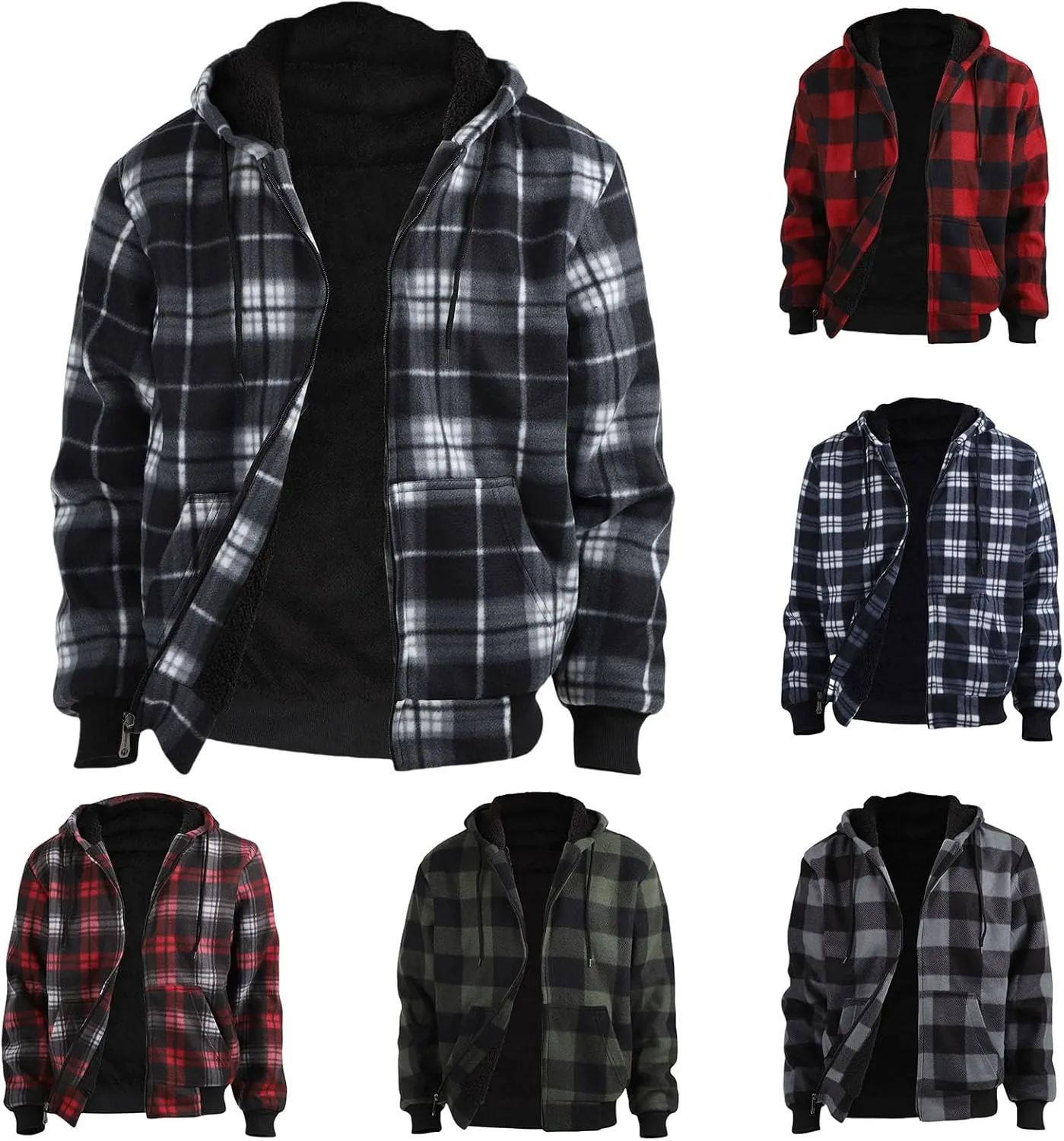 Sherpa Fleece Lined Hoodies for Men Heavy Thick Flannel Plaid Jacket Full Zip Up Winter Warm Sweatshirts Fashion Coat