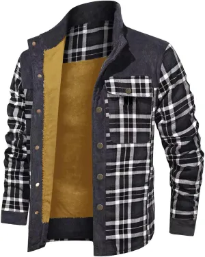 Sherpa Lined Jacket Men Fleece Corduroy Coat Plaid Warm Jackets Oversized Outdoor Coats Button Down Winter Overcoats