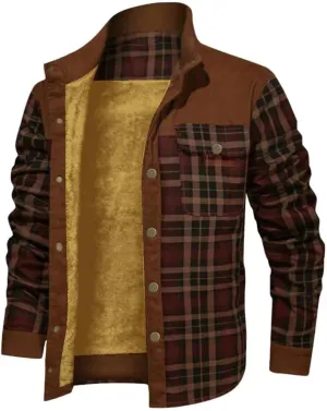 Sherpa Lined Jacket Men Fleece Corduroy Coat Plaid Warm Jackets Oversized Outdoor Coats Button Down Winter Overcoats