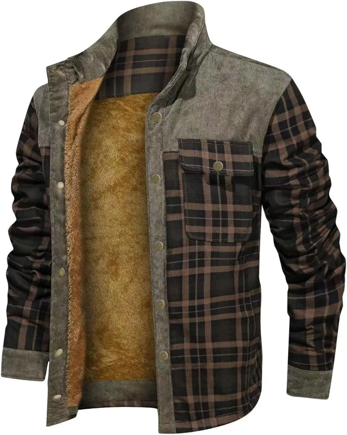 Sherpa Lined Jacket Men Fleece Corduroy Coat Plaid Warm Jackets Oversized Outdoor Coats Button Down Winter Overcoats