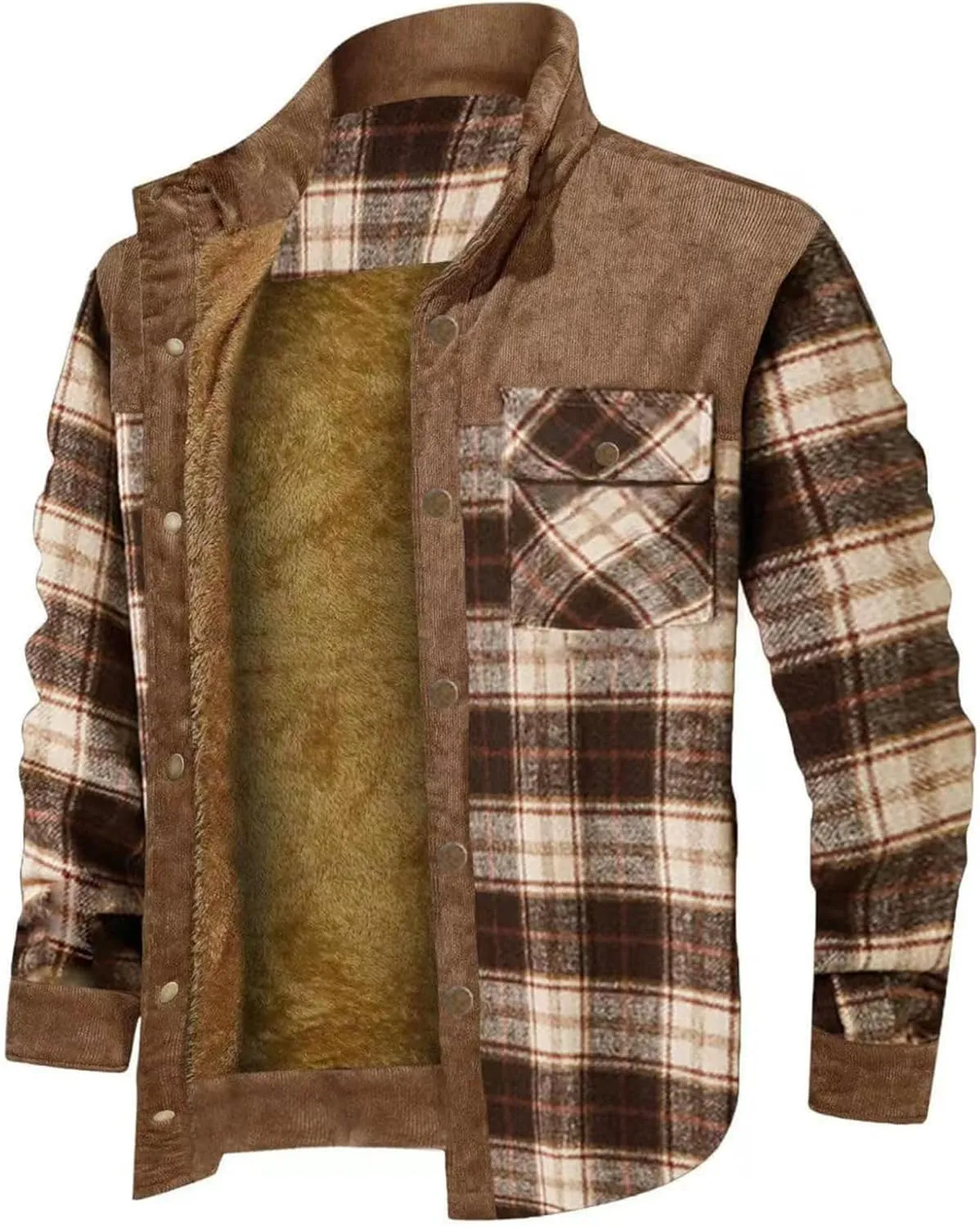 Sherpa Lined Jacket Men Fleece Corduroy Coat Plaid Warm Jackets Oversized Outdoor Coats Button Down Winter Overcoats
