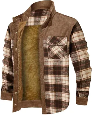 Sherpa Lined Jacket Men Fleece Corduroy Coat Plaid Warm Jackets Oversized Outdoor Coats Button Down Winter Overcoats