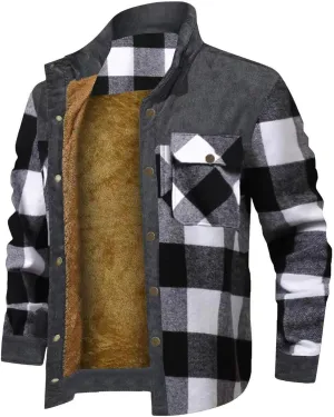 Sherpa Lined Jacket Men Fleece Corduroy Coat Plaid Warm Jackets Oversized Outdoor Coats Button Down Winter Overcoats