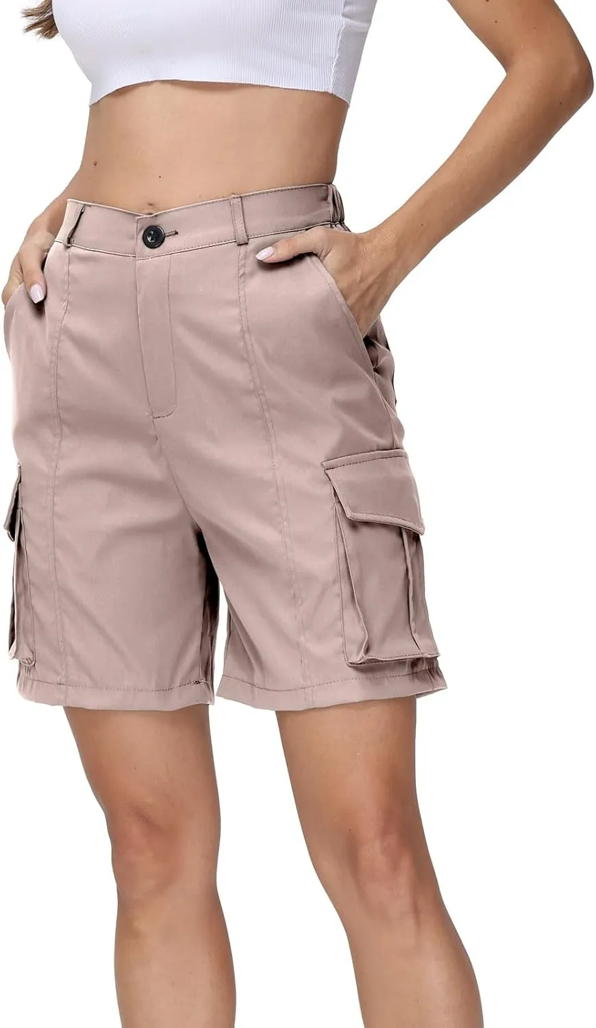 Shorts for Women Y2k Elastic High Waist Cargo Shorts Casual Knee Length Bermuda Shorts Summer Long Shorts with Pocket