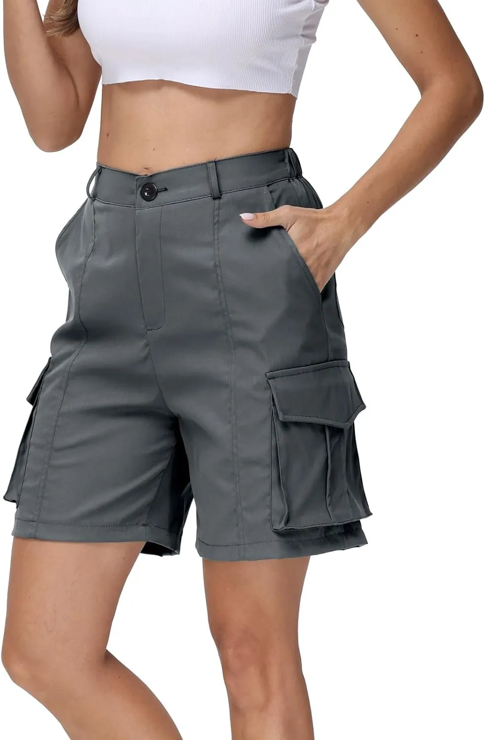 Shorts for Women Y2k Elastic High Waist Cargo Shorts Casual Knee Length Bermuda Shorts Summer Long Shorts with Pocket