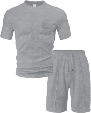 Sinzelimin Mens Workout Set Short Sleeves Crewneck Muscle Fitness Shirts T-Shirt Tops and Sport Athletic Shorts 2 Piece Suit