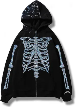 Skeleton Full Zip Up Hoodies Women Men Cosplay Skull Graphic Print Sweatshirt Gothic Oversized Jackets