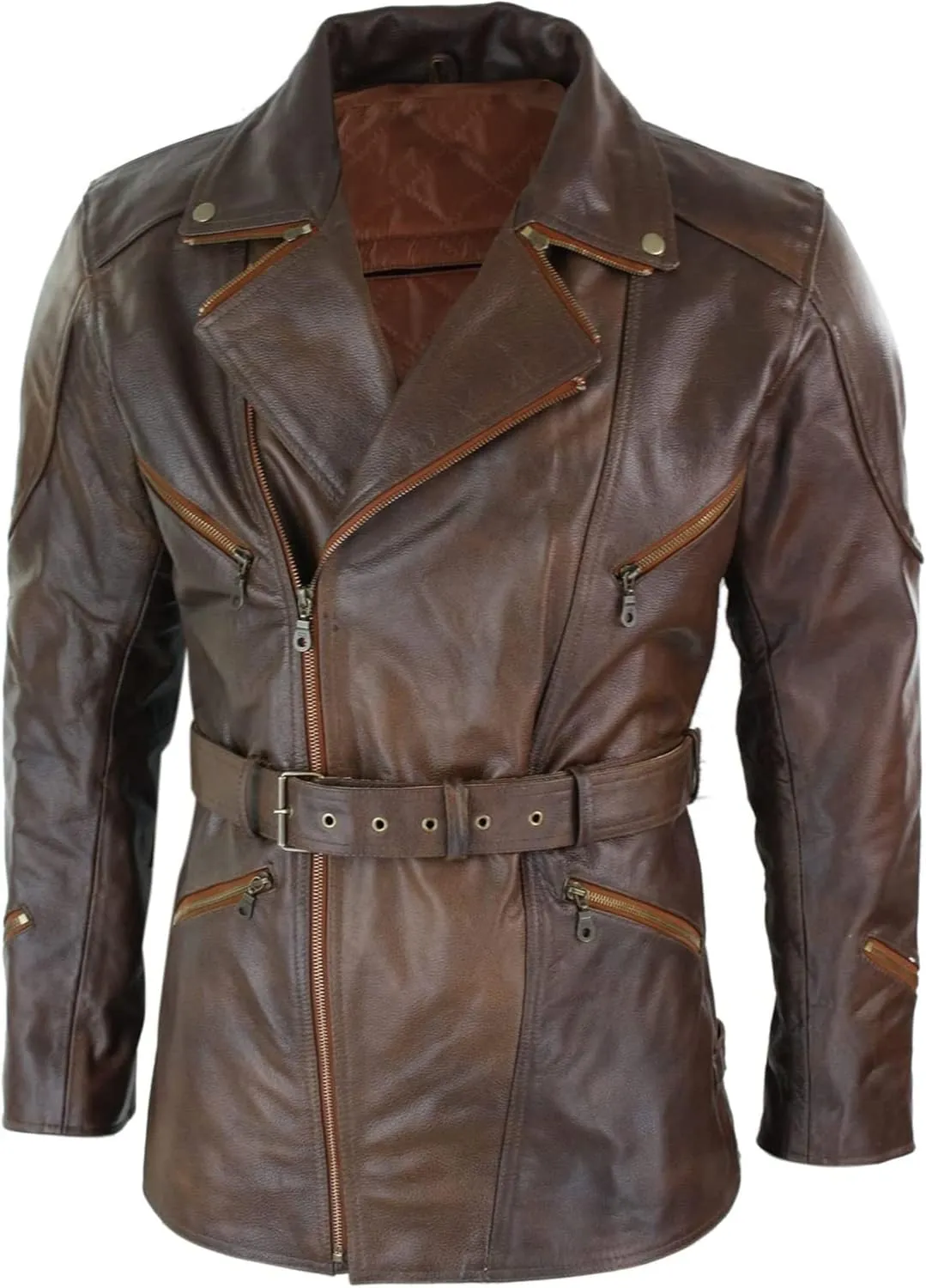 SKY-SELLER Mens 3/4 Quarter Length Motorcycle Black Biker Long Jacket - Genuine Leather Coat Winter Outerwear