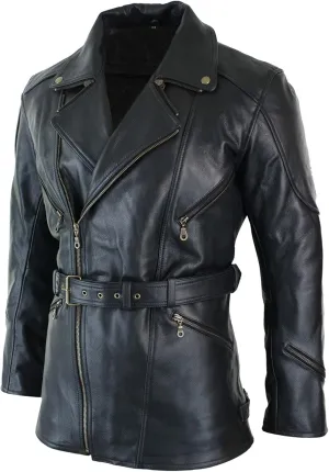 SKY-SELLER Mens 3/4 Quarter Length Motorcycle Black Biker Long Jacket - Genuine Leather Coat Winter Outerwear