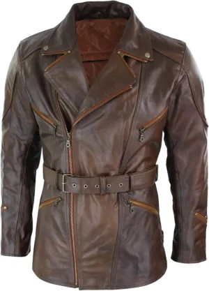 SKY-SELLER Mens 3/4 Quarter Length Motorcycle Black Biker Long Jacket - Genuine Leather Coat Winter Outerwear