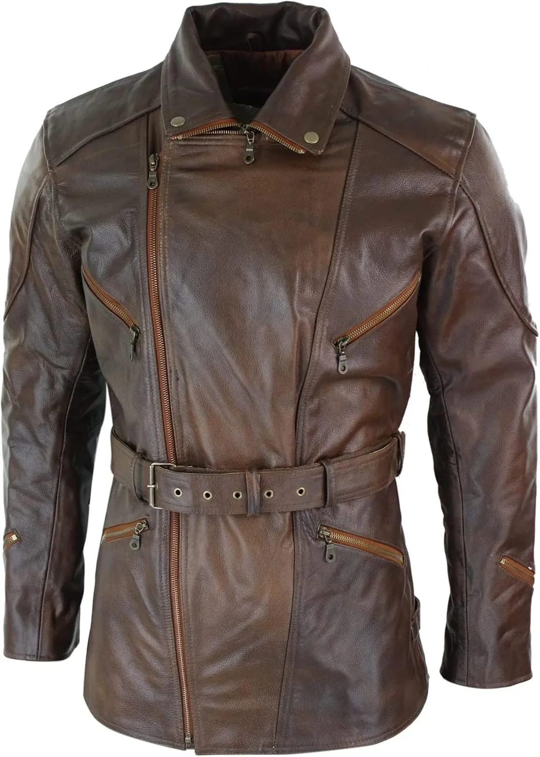 SKY-SELLER Mens 3/4 Quarter Length Motorcycle Black Biker Long Jacket - Genuine Leather Coat Winter Outerwear