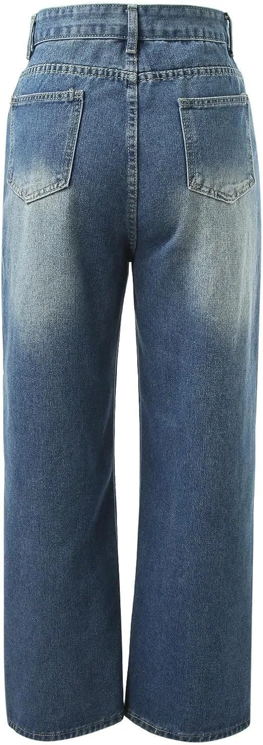 Straight Leg Jeans for Women High Waisted Boyfried Denim Pants Ripped Distressed with Pockets Baggy Jean Trousers