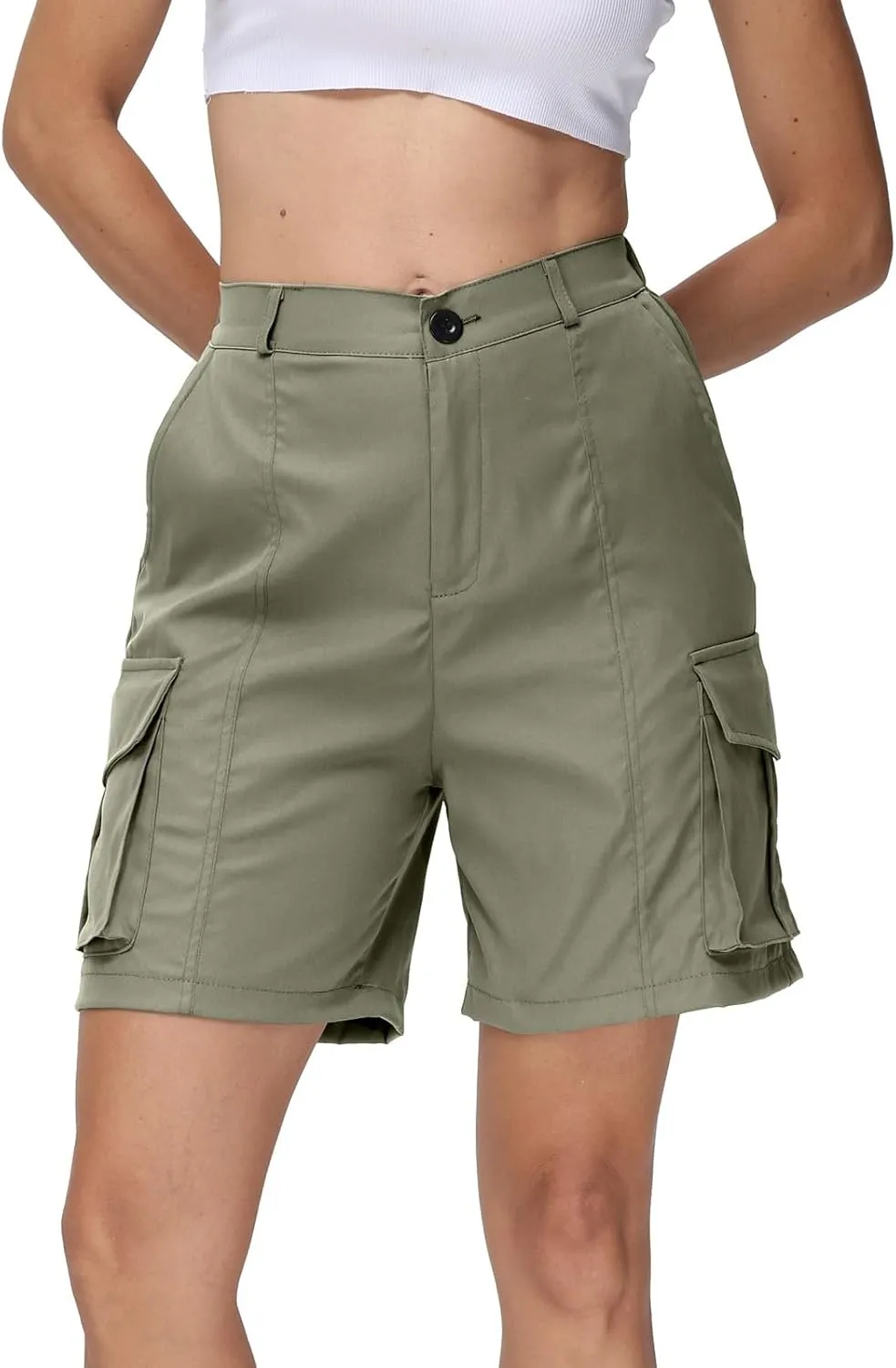 Summer Bermuda Cargo Shorts Women Knee Length Hiking Shorts 6 Pockets Casual High Waisted Camping Travel Shorts 2024