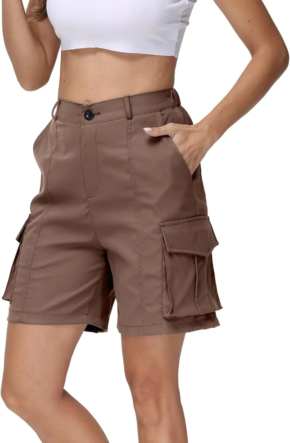 Summer Bermuda Cargo Shorts Women Knee Length Hiking Shorts 6 Pockets Casual High Waisted Camping Travel Shorts 2024