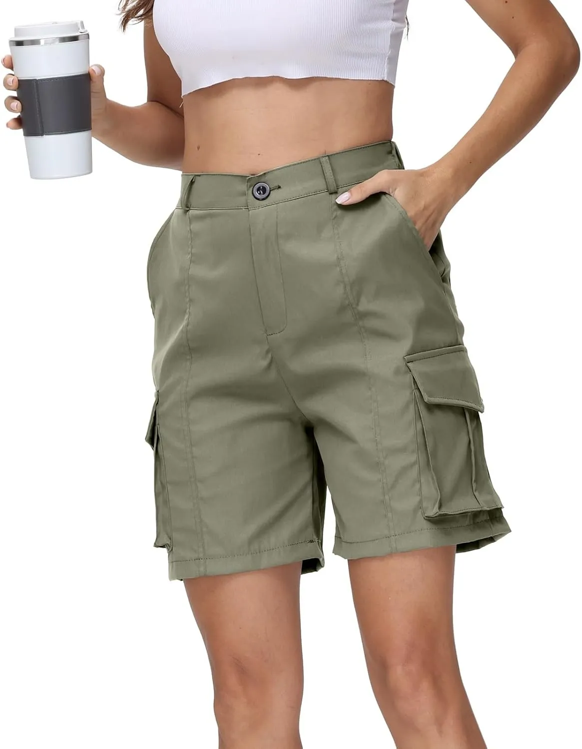 Summer Bermuda Cargo Shorts Women Knee Length Hiking Shorts 6 Pockets Casual High Waisted Camping Travel Shorts 2024