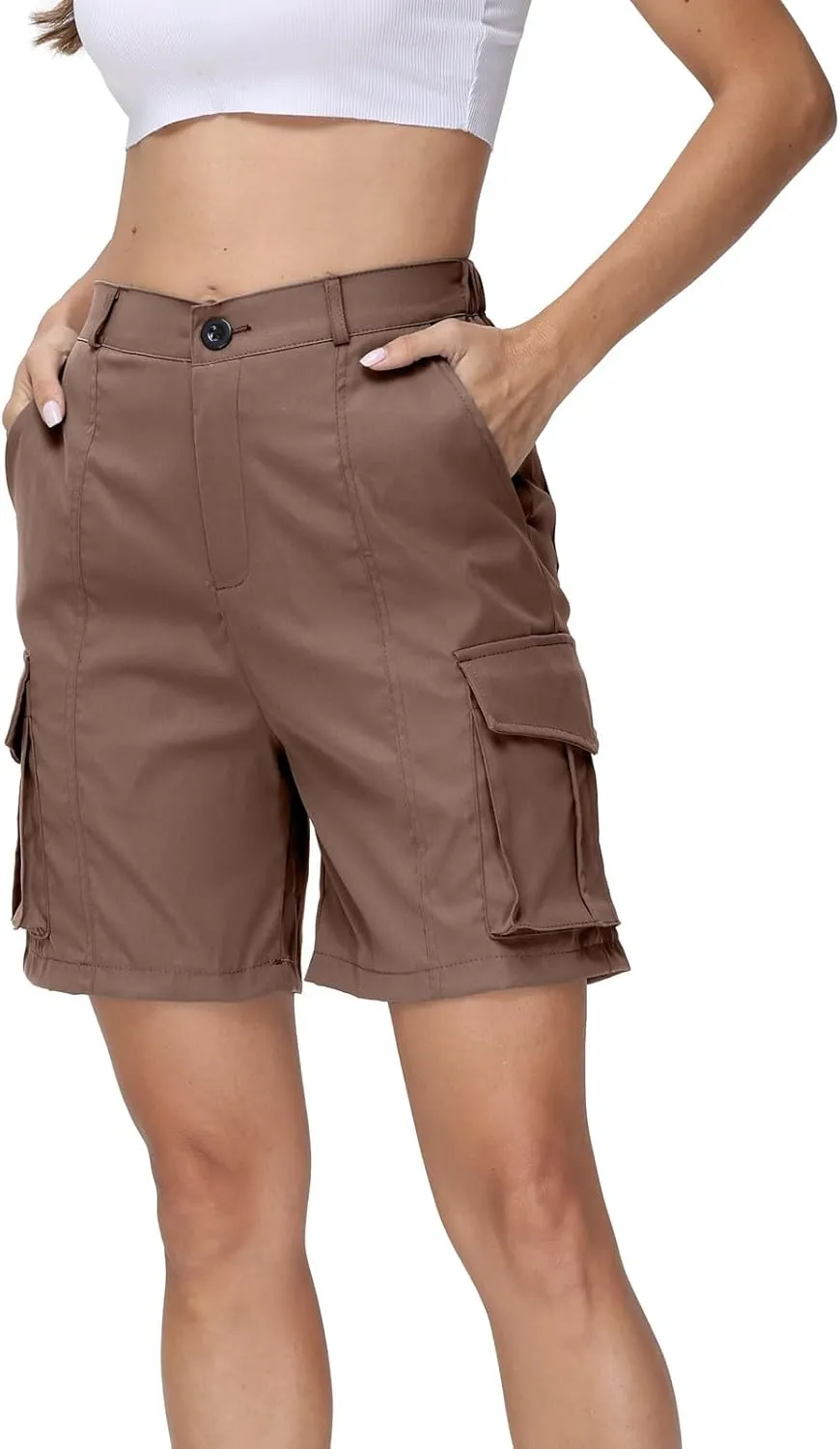 Summer Bermuda Cargo Shorts Women Knee Length Hiking Shorts 6 Pockets Casual High Waisted Camping Travel Shorts 2024