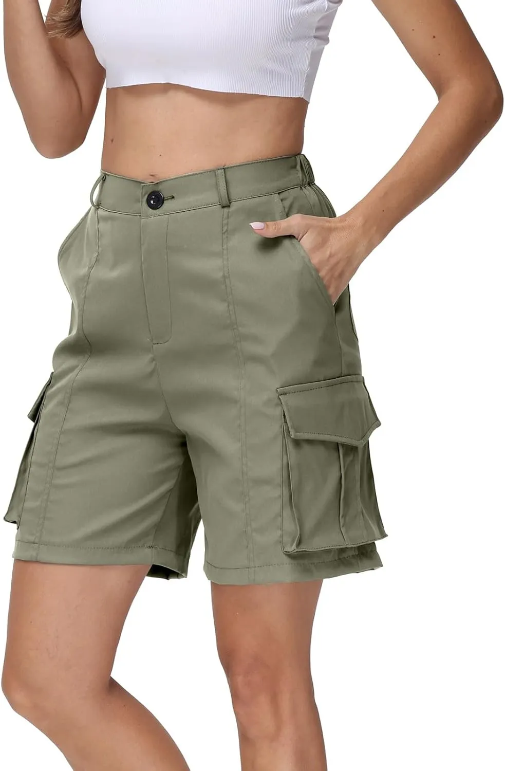 Summer Bermuda Cargo Shorts Women Knee Length Hiking Shorts 6 Pockets Casual High Waisted Camping Travel Shorts 2024