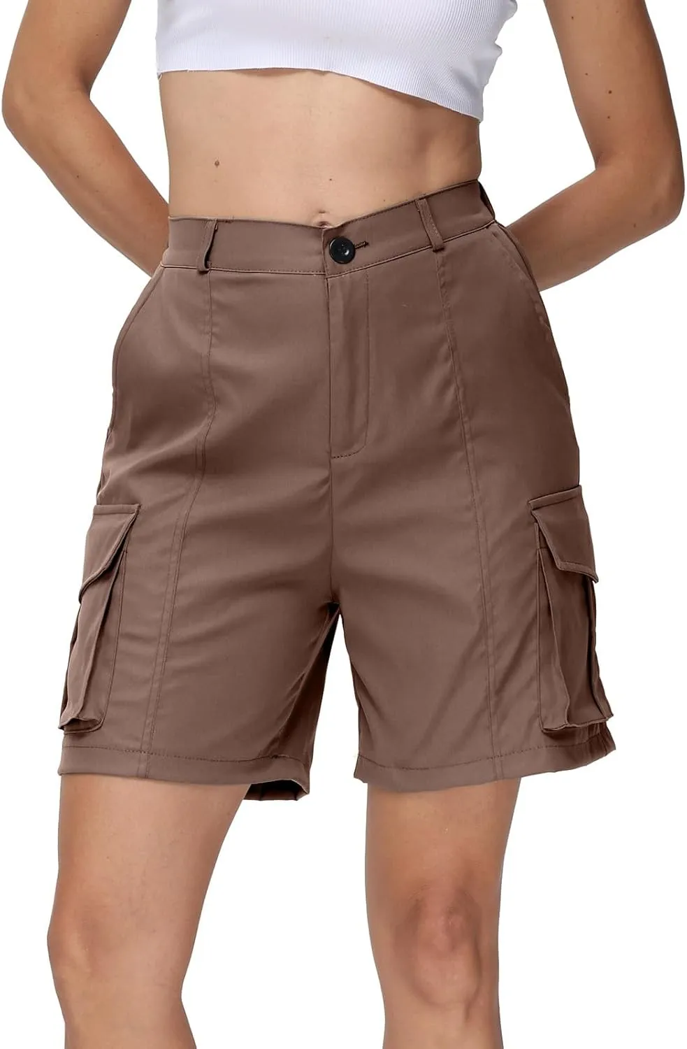 Summer Bermuda Cargo Shorts Women Knee Length Hiking Shorts 6 Pockets Casual High Waisted Camping Travel Shorts 2024