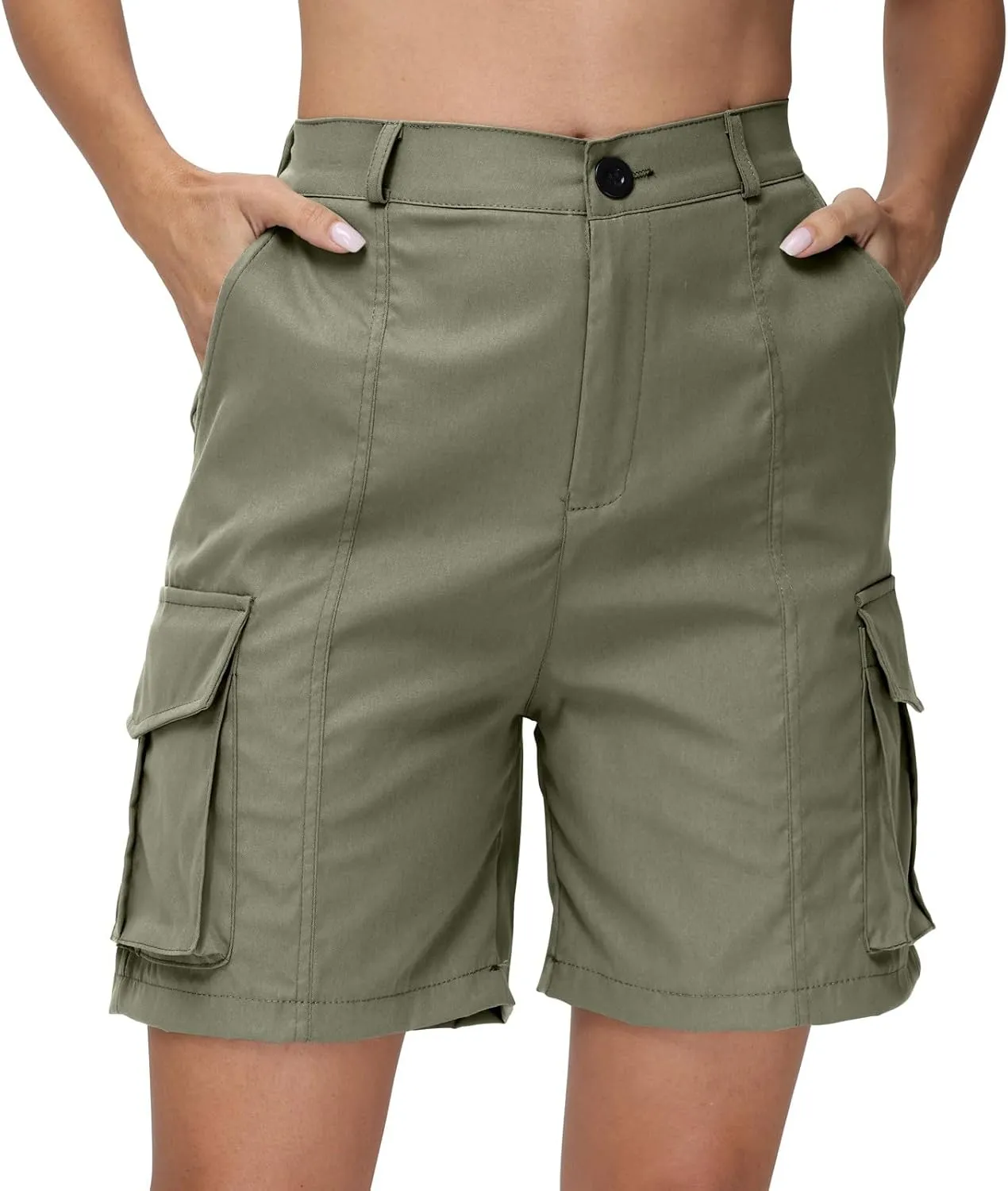 Summer Bermuda Cargo Shorts Women Knee Length Hiking Shorts 6 Pockets Casual High Waisted Camping Travel Shorts 2024