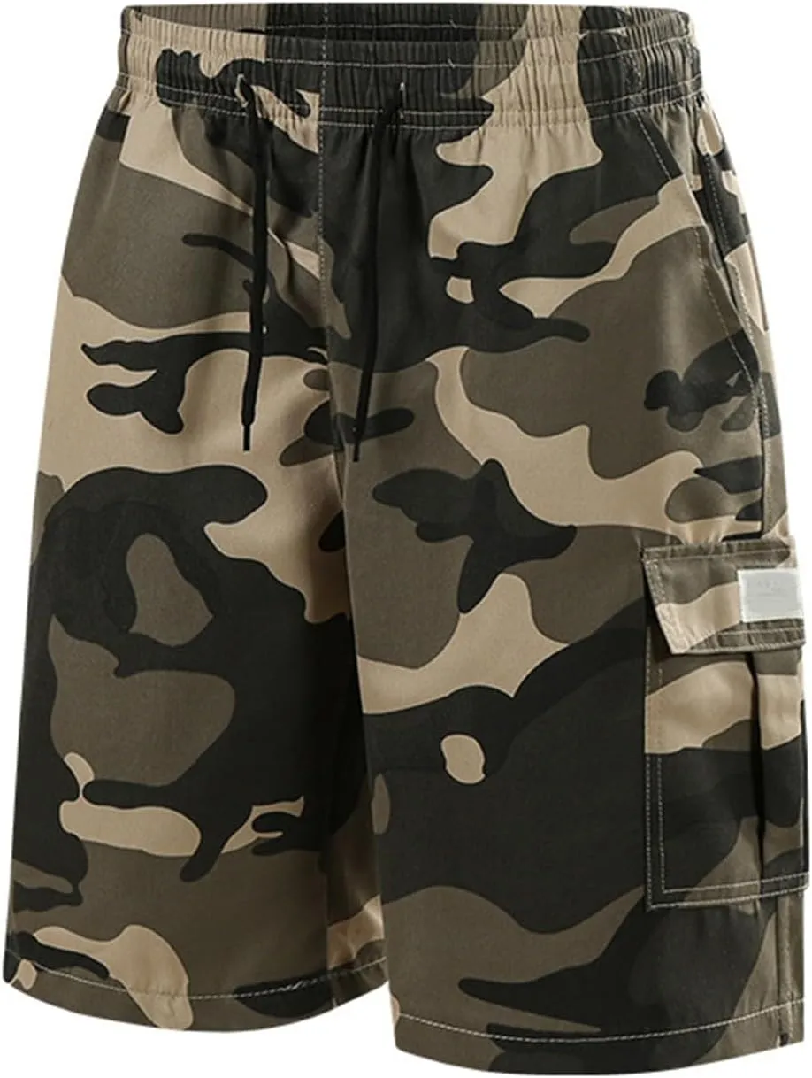 Summer Camo Shorts for Mens Training Workout Sport Cargo Pants Casual Drawstring Baggy Shorts with Pockets Plus Size