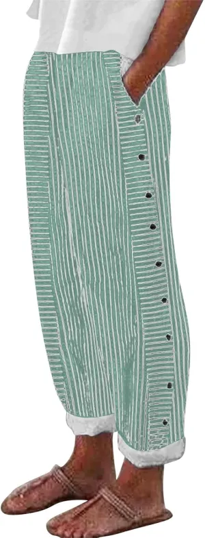 Summer Pants for Women Striped Printed Side Button Pants Baggy Elastic Waist Straight Leg Trousers with Pocket